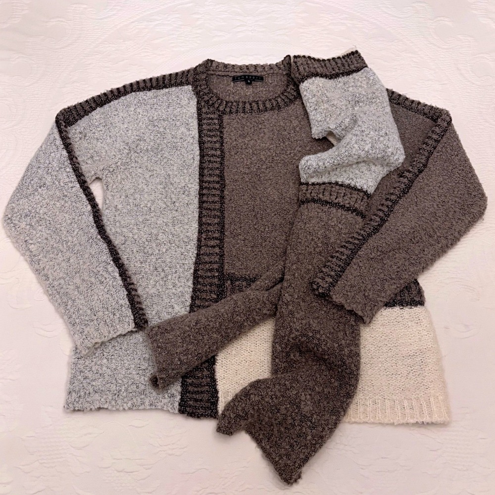 Funsport Womens S Colorblock Oversized Bouclé Knit Sweater Scarf Set Grey Cream